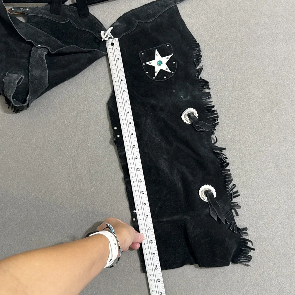Kids Boys Girls S M Black Suede Leather Western Chaps Cowboy Belted Waist Fringe